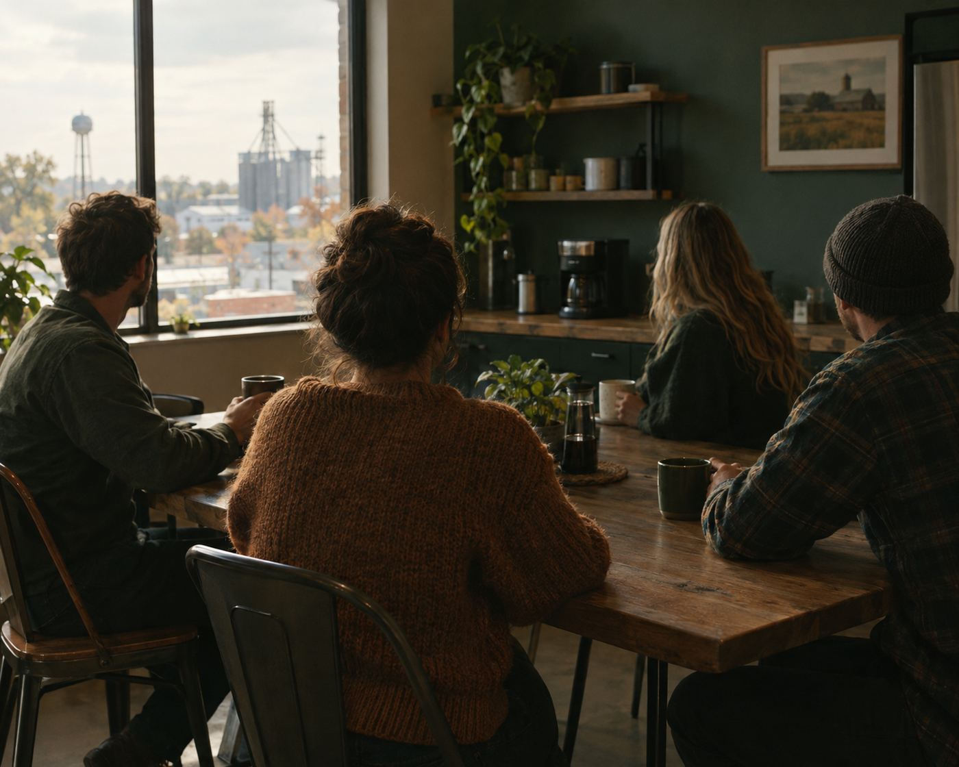 Coworkers sharing coffee in a small-business break room