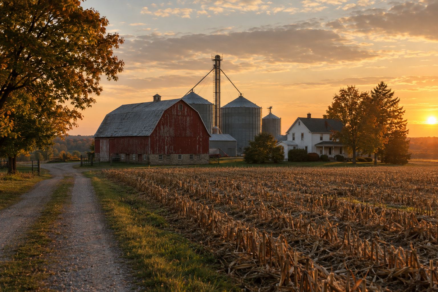 An Indiana farmstead at golden hour