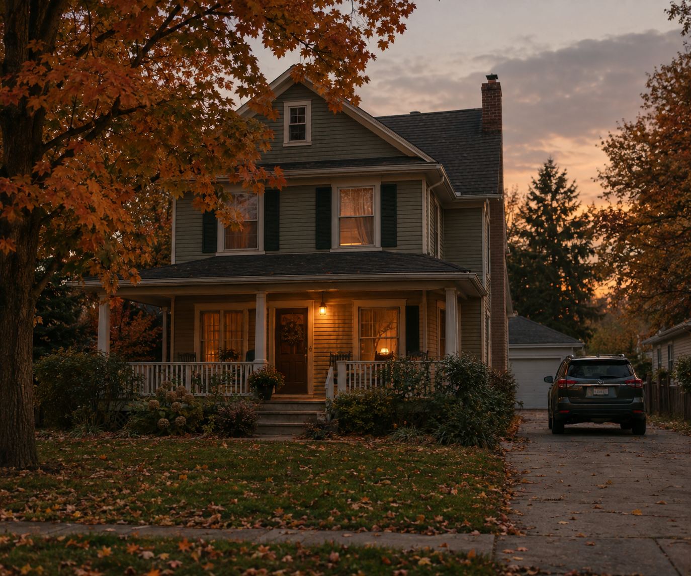A Midwestern family home with a front porch at dusk